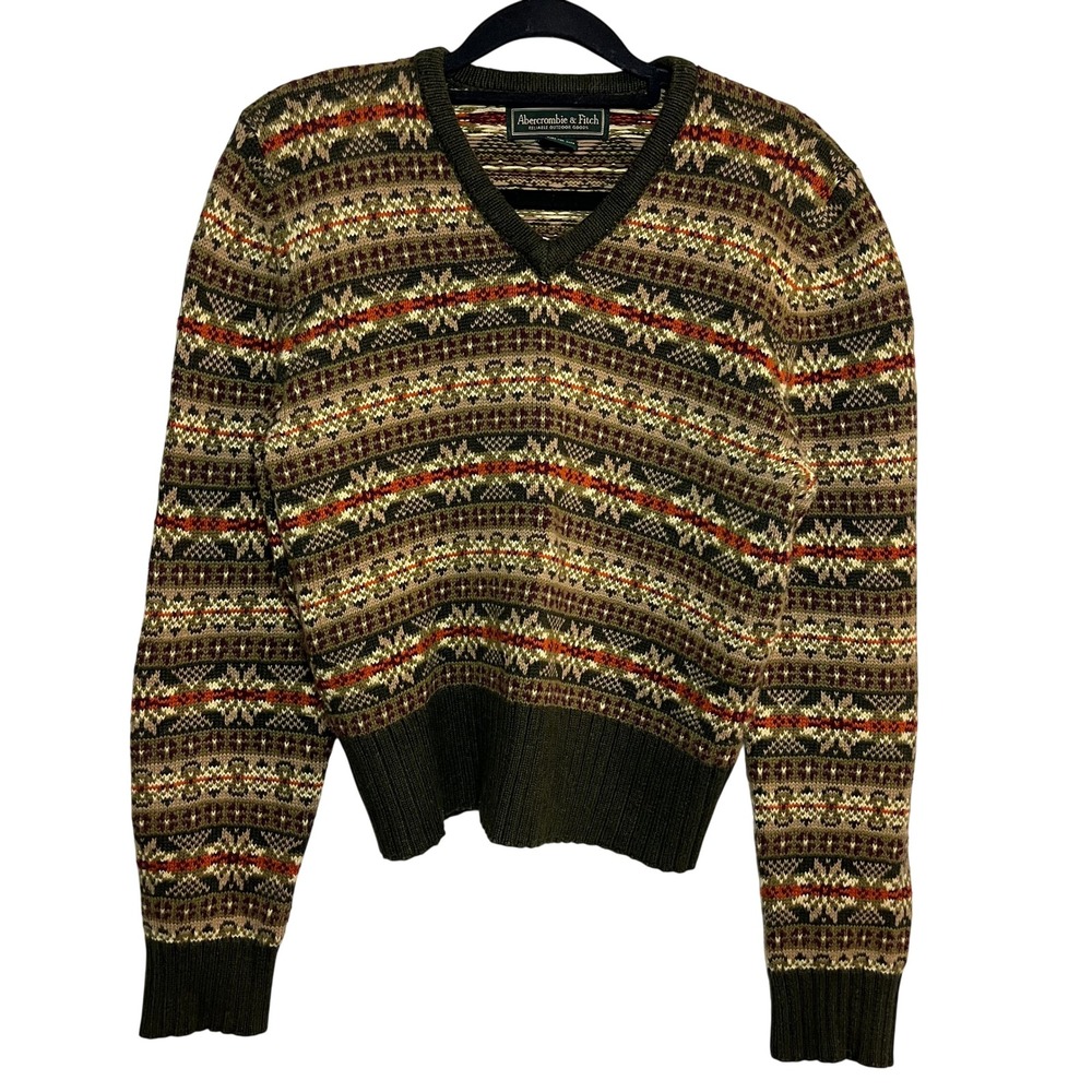 Abercrombie Vintage 90s‎ Y2K Sweater Large Green Fair Isle Cottage Grandpa Retro